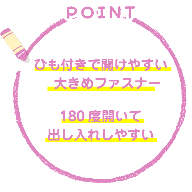 ひも付きで開けやすい大きめファスナー180度開いて出し入れしやすい