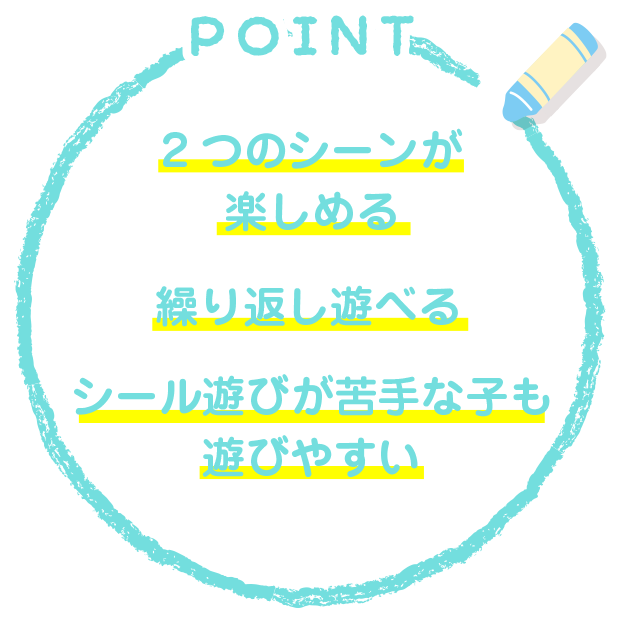 2つのシーンが楽しめる 繰り返し遊べる シール遊びが苦手な子も遊びやすい